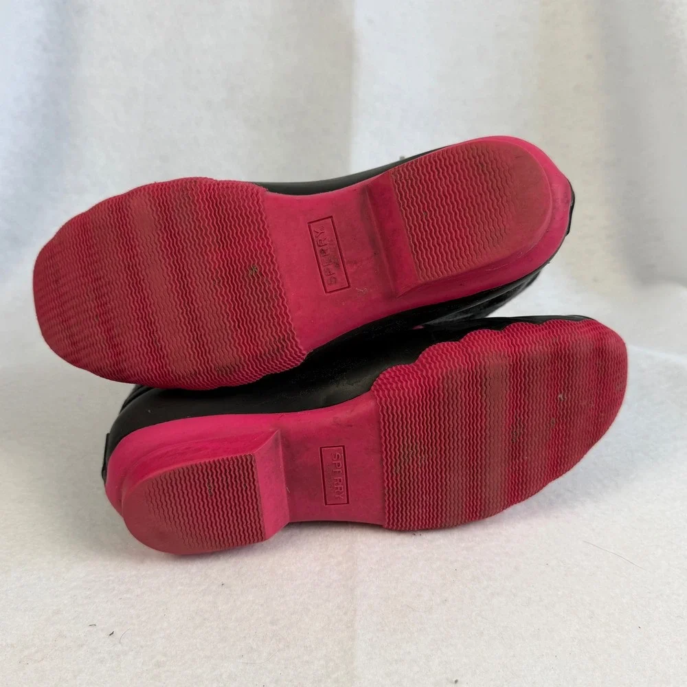 Sperry Saltwater Plaid Duck Boots Black Pink Waterproof Zip Side Kids‎ Size 4